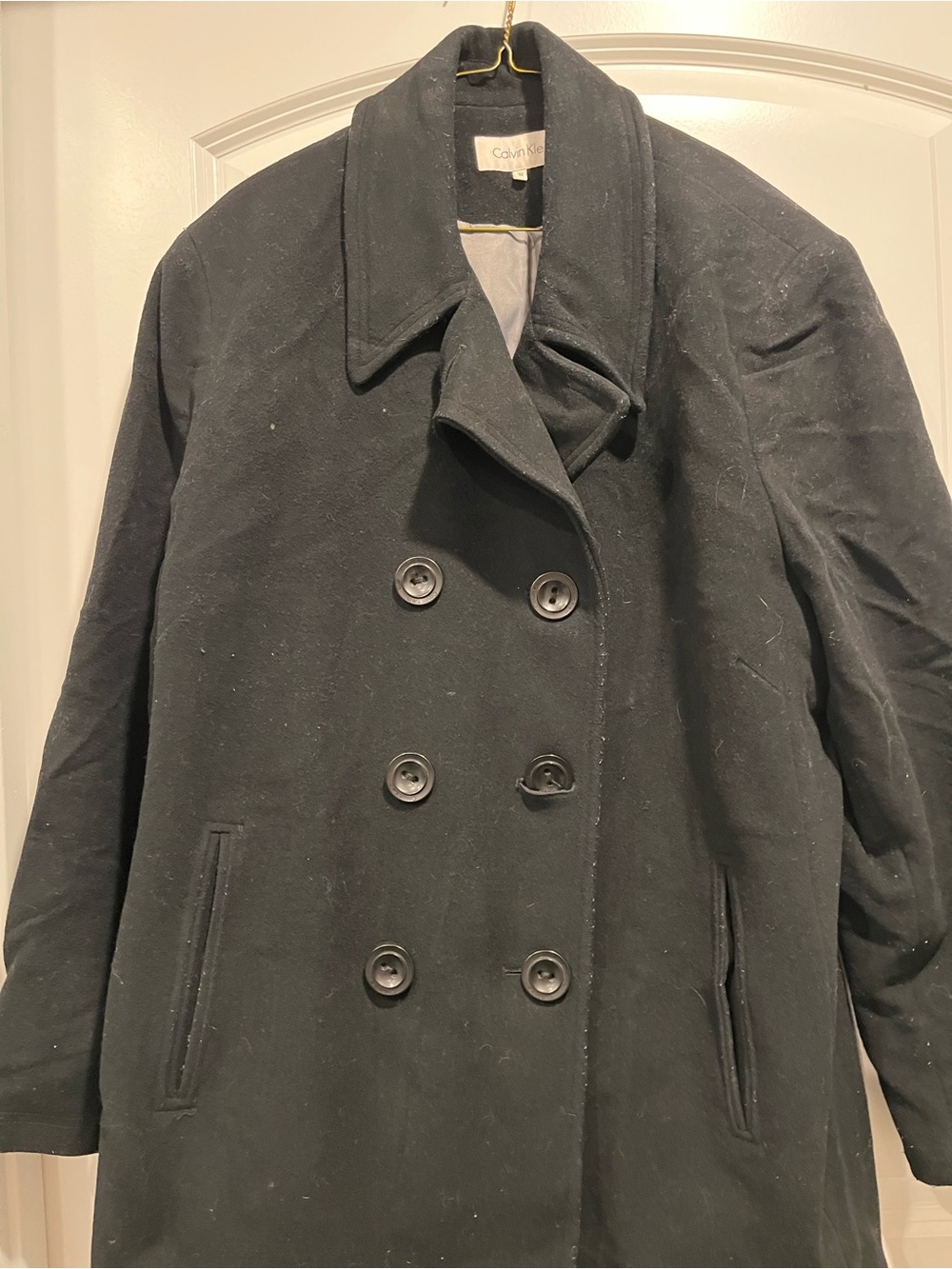 Calvin Klein Black Double-Breasted Wool Pea Coat